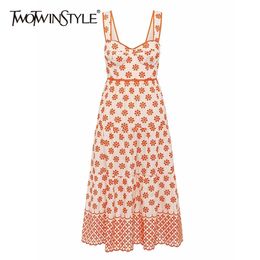 Print Elegant Dress For Women Square Collar Sleeveless High Waist Midi Sling Dresses Female Summer Fashion 210520