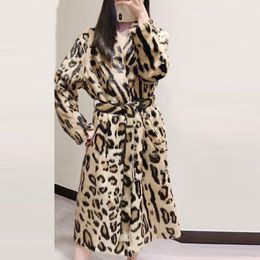 Womens Fur Faux 2021 Leopard Print Coat Long Sleeve with Belt Turn Down Collar Jacket Winter Women Teddy Fourrure Femme