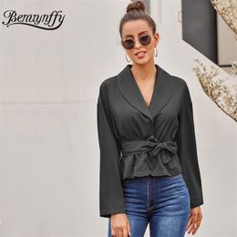 Elegant Office Lady Notched Collar Wrap Top with Belt Autumn Winter Long Sleeve High Street Womens Tops and Blouses 210510