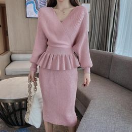 Sexy V-Neck Batwing Sleeve Sparkling Knitted Cotton Suits Women Backless Ruffles Pullover Sweater + Bodycon Midi Skirt Set 210416