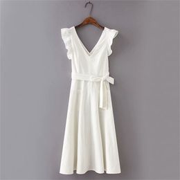 Summer White Linen Maxi Dress with Pockets Women Back Hollow Out Belt Ruffles Tank Sexy V-Neck Vestidos 210421