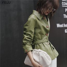 Women Loose Pu Faux Soft Leather Green Jacket Turndown Collar Biker Overcoat Single Breasted Pocket Coat With Belt 210430