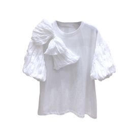 Fashion Bow Designed Folds Tshirt Women Summer O-neck Puff Sleeve Ladies Tops Simple Solid All Match Femme Tee 210514