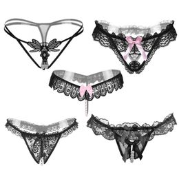 5pcs/lot 5 Style Black Colour Pearl Pantie Underwear Sexy G String Lace Thongs Low Waist Bowknot Strings 210730