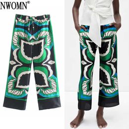 NWOMN Za 2021 Wide Leg Pants For Women Green High Waist Trousers Female Vintage Print Loose Pants Woman Casual Summer Trouser Q0801