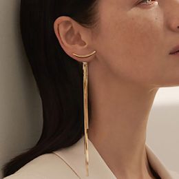 Vintage Gold Color Bar Long Thread Tassel Drop Earrings for Women Glossy Arc Geometric Korean Earring Fashion Jewelry 2021