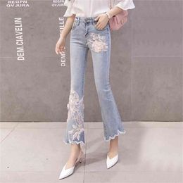 Stretchy Plus Size Women Flare Jeans Pants Pearls Tassels Flower Embroidery Denim Skinny Woman High Waist Mom 210708