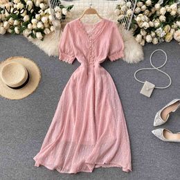 Neploe V Neck Short Sleeve Dress Women Lace Hook Flower Multicolor Vestidos High Waist Hip A Line Long Robe Summer 210510