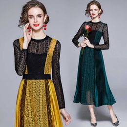 Spring Fashion Runway Vintage Dress Women Elegant Long Sleeve Lace Patchwork Pleated Dresses 210529