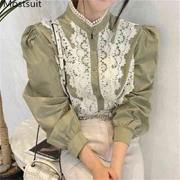 Korean Vintage Lace Spliced Women Shirt Blouses Spring Stand Collar Lantern Sleeve Elegant Royal Ladies Blusas Mujer 210513