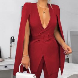 Sexy V Neck Women Slit Party Coat Elegant Fashion Blazer With Belt Office Lady Long Cape Sleeve Poncho Cloak Jacket Workwear 211019
