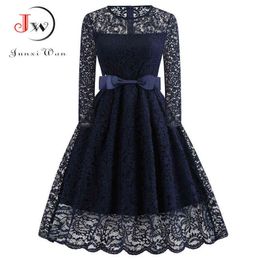 Women Winter Lace Long Sleeve Sexy Evening Party Hepburn 50s Elegant Vintage Autumn Dress Plus Size Belt Tunic Y1204