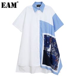 [EAM] Women Big Size Casual Irregular Printed Shirt Dress Lapel Half Sleeve Loose Fit Fashion Summer 1DD7588 210512