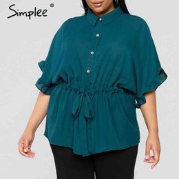 Elegant ruffle plus size women blouse Loose short sleeve sashes female shirt top Casual office solid tops and blouses 210414
