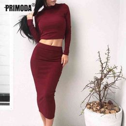 Women Sets Turtleneck Autumn Shorts Tops Mid-Calf Skirts Suits Sexy Club Sets 2 Pieces Slim Wine Red Night Party Outfits PR815G 210330