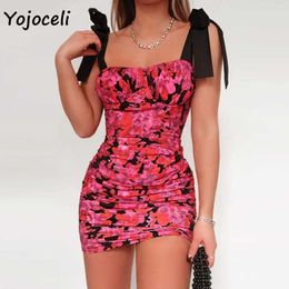 Yojoceli sexy party club floral print dres bow mini female vestidos 210609