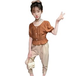 Children Clothes Solid Tshirt + Pants Girls Clothing Casual Style Girl Set Summer Children's Tracksuit 6 8 10 12 14 210528