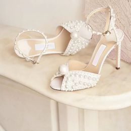 2022ss Women Wedding dress bride shoes White Satin Platform Sandals with All-Over Pearl Embellishment sandal high heel platforms chunky heels 35-43