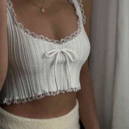 Lace Patchwork Knit Twist Camisole Women White Sleeveless Crop Top Y2k Backless Bow Sweet Vest Tank Top 2022 Summer Yuqung Y220308