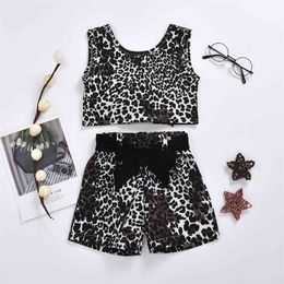 Summer Children Sets Casual Sleeveless Leopard Tops Bow Shorts Cute 2Pcs Girls Clothes 1-5T 210629