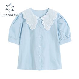 Summer Lightweight Women's Blouse Selling Sweet Flower Embroidery Peter Pan Collar Shirt Korean Short Sleeve 210515