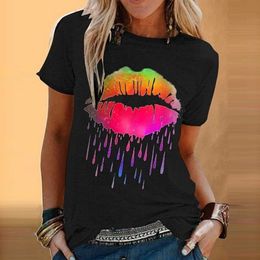 Colourful Lip Print Tee Fashion Women Casual Short Sleeve O-neck T-shirt Tops 2020 Summer Plus Size S-5xl Top For Women X0527