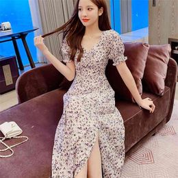 Elegant Vintage Floral Print Chiffon Dresses Women Summer Sexy V Neck Short Sleeve Casual Boho Beach Vestido Femme Robe 210514