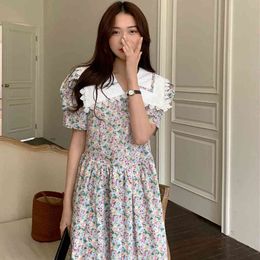 Summer Women's Vintage Floral Dress Korean Clothing Lapel Bud Puff Sleeve Boho Female Vestidos 210514