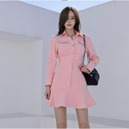 pink elegant shirt Dress ladies korean Long Sleeve fall Sexy Club party ruffled dress for women clothing china 210602