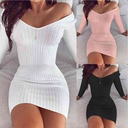 Autumn Sexy Women Bodycon Dress Solid V-neck Long Sleeve Slim Rib Knitted Mini es Thin Pink Black White Vestidos 210522