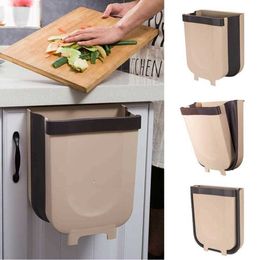 Milyydom Kitchen Folding Trash Can Plastic Recycle Bin Waste Cabinet Door Hanging Dustbin Garbage Rubbish 210728