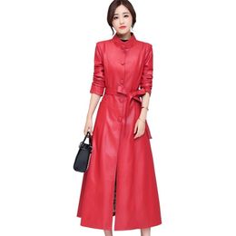 Leather jacket women red black L-4XL plus size spring autumn Korean fashion casual lining long faux leather coat LR870 210531