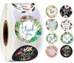 ping green flower Adhesive Stickers 500PCS Roll 2.5cm 1 inch Thank You Round Label For Holiday Presents Business Festive Decoration