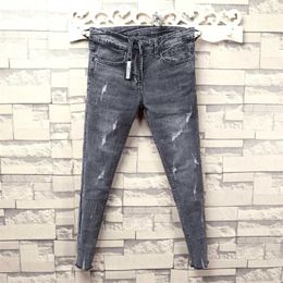 Whole Fashion Denim Cropped trousers ripped hole social spirit guy skinny jeans men\'s slim pencil pants small feet 211111