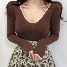 brown v neck tight T shirt Women Spring Solid sexy Slim Fit skinny Tee Long Sleeve T Tops female girls t 210423