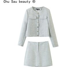 High Quality Women 2 Piece Set Autumn Winter Tweed Single-breasted Short Blazers+Mini Skirts Suits Ladies Two Outfits 210514