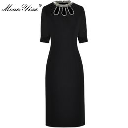 Fashion Designer dress Summer Women's Dress O-neck Hollow out Beading Short sleeve Black Slim Pencil Midi 210524