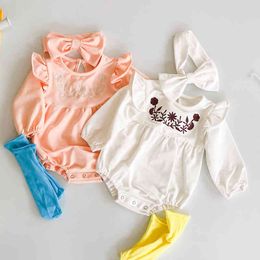 Baby Girls Embroider Rompers Kids Clothing Spring Autumn Toddler Girl Long Sleeve Cute And Hair Band 210429