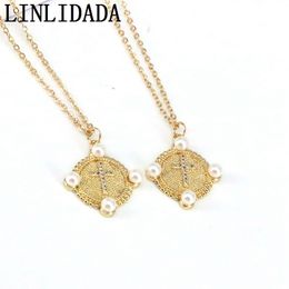 10Pcs Gold-Color CZ Micro Pave Cross Medallion Pendant,Gold Filled Mother of Pearl Charm Pendant Necklace