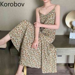 Korobov Korean Flower Print Spaghetti Strap Women Dress Summer Chiffon Dresses Sweet Chic A-Line Vestidos Mujer 210430