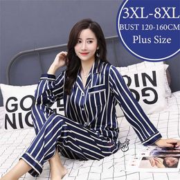 3XL-8XL Satin Pajamas Plus Size trouser suit Women Pyjamas Casual Set Silk Sleepwear Nightwear Home Clothes Loungewear pj Pijama 211112
