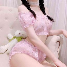 Kawaii Summer Pyjamas Female Transparent Princess Home Clothes 2 Piece Set Pyjamas for Women Lolita Sleepwear Sexy Lingerie 210330