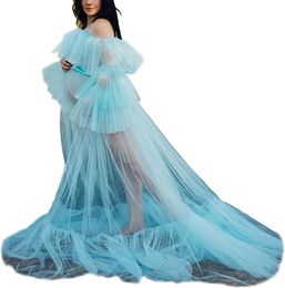 Chic Ruffle Evening Dresses Women's Tulle Robe for Photo Shoot Puffy Lingerie Sheer Long Maternity Bathgown