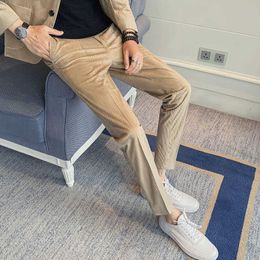 Corduroy Mens Dress Pants Leisure Business Suit Pants Slim Fit Formal Pants for Men Pantalon Homme Classique Khaki Black 210527