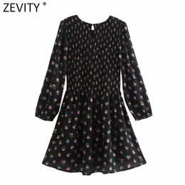 Women Elegant Floral Printing Elastic Pleated Design Casual Slim Dress Female Chic Puff Sleeve Kimono Vestidos DS8225 210416