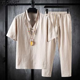 2021 New Men's Cotton Linen Sets Short Sleeve T Shirt and Long Pants 2 Pieces Set Male Solid Color Casual Tracksuit M -5XL X0610