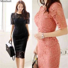 Summer Korean Lace Dress For Women Ladies Elegant Sexy Bodycon es Tunic Short Sleeve Slim Party 210513