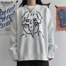Woherb Vintage Turtleneck Pullover Sweaters for Women Harajuku Streetwear Autumn Winter Loose Cartoon Knitted Tops Jumpers 210914