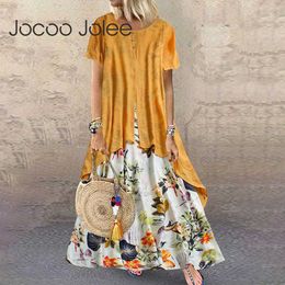 Vintage Fake two pieces Maxi Dress Summer Short Sleeve Floral Print Irregular Long Dress Boho Cotton and Linen Loose Dress 210619