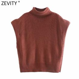 Zevity Women High Street Shoulder Padded Design Solid Short Knitting Sweater Femme Chic Sleeveles Casual Pullovers Tops S533 210603